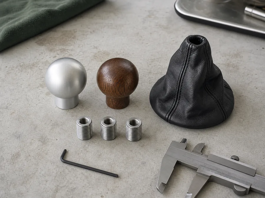 Universal shift-knob kit with two knobs, three adapters, boot, and hex key