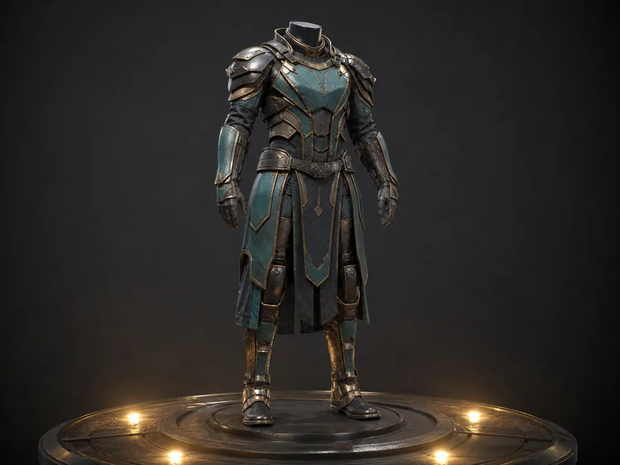Fictional graphite, bronze, and teal armor cosmetic displayed as a game item on trade hold
