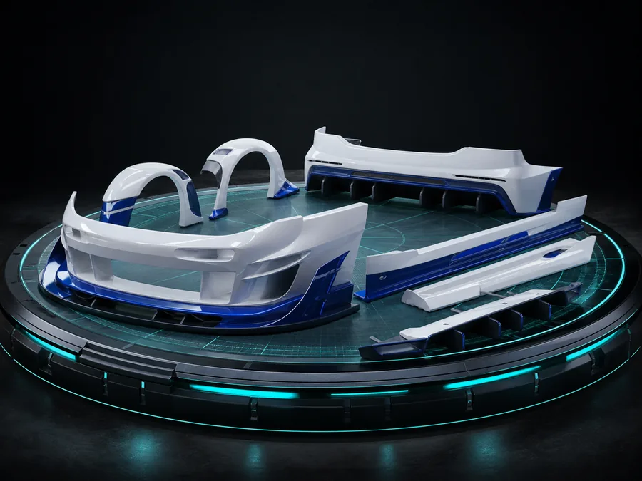 Fictional pearl and cobalt vehicle body-kit cosmetic displayed as a transferable game item