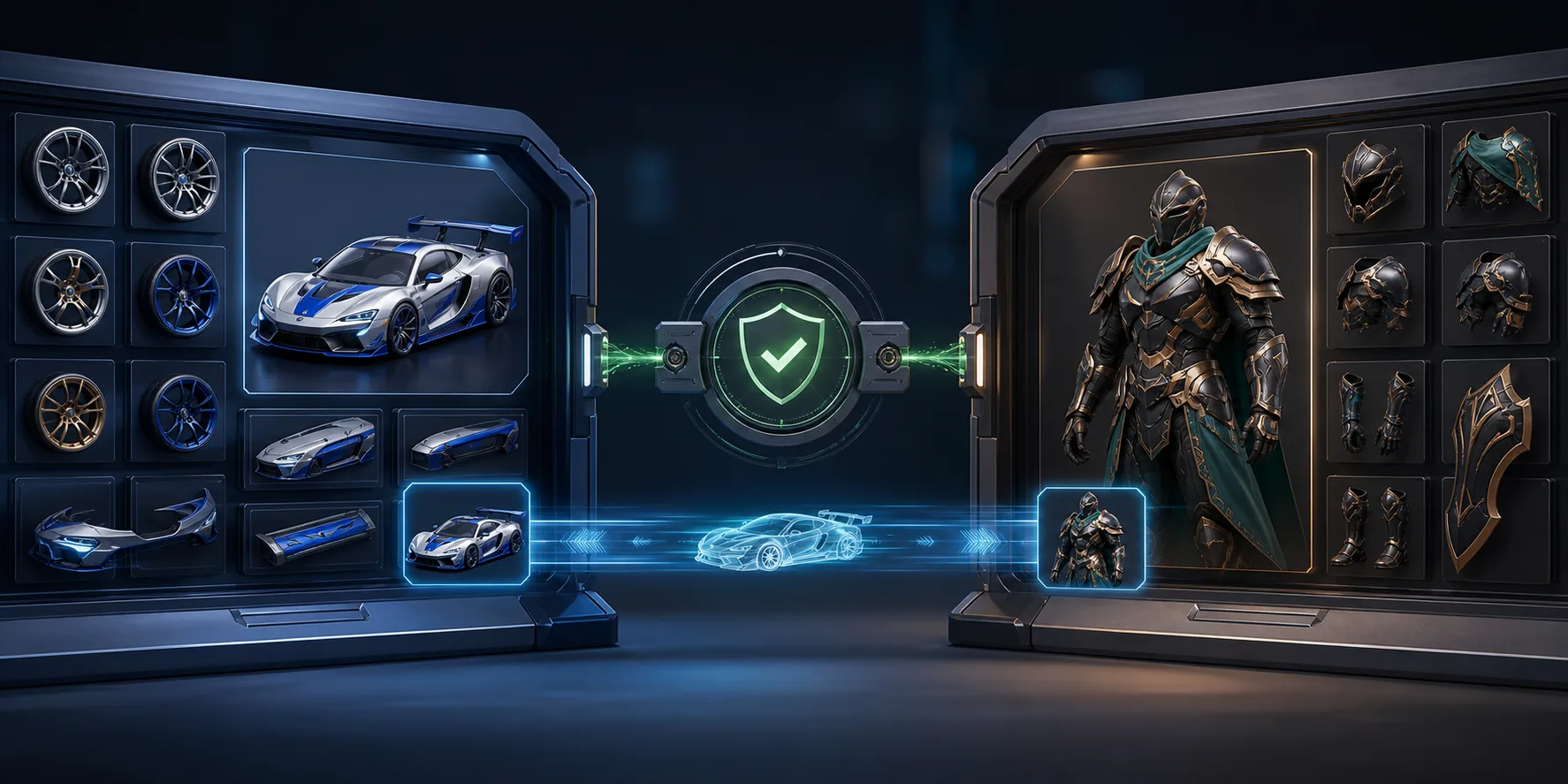 Fictional racing and armor cosmetics connected through a publisher permission gateway