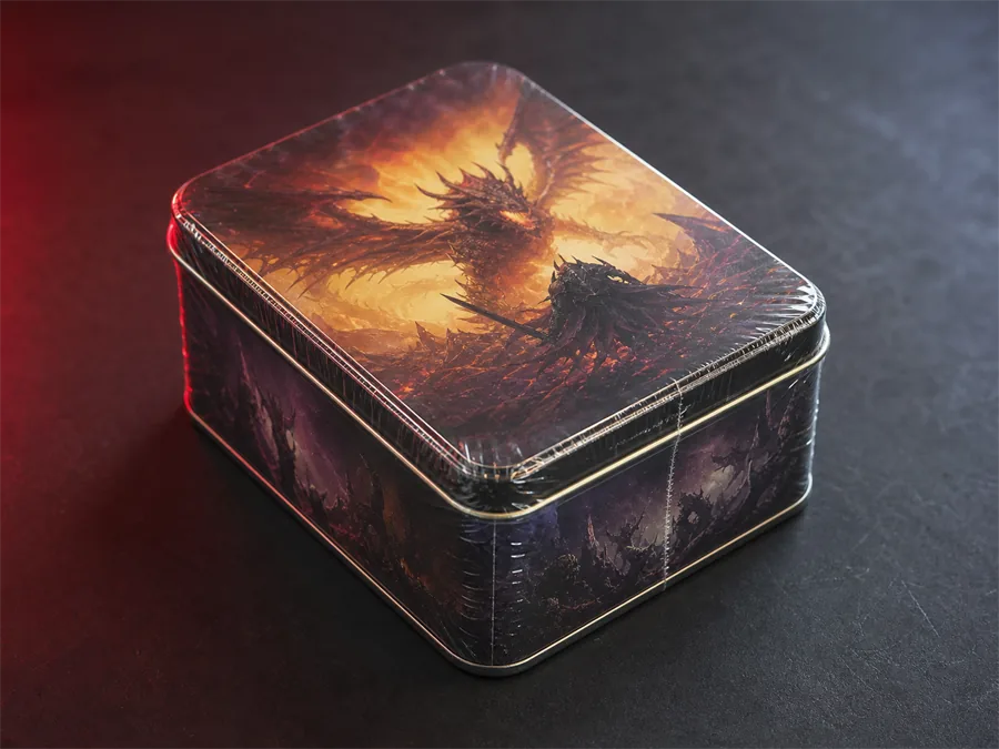 A sealed trading card tin with documented condition